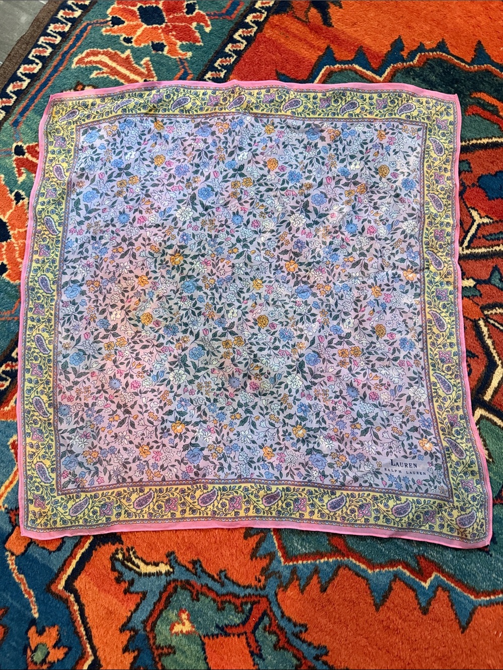 Vintage Ralph Lauren Pink Paisley 21" squared silk scarf